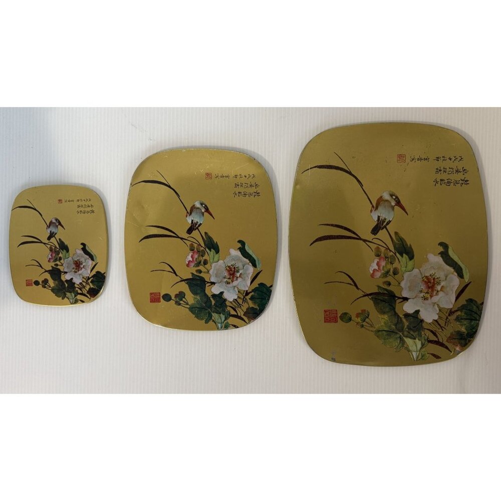 Asian Bird Floral Trivet‎ Set of 3 Golden Serving Coaster w/Cork Back Vintage